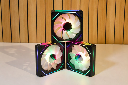 Three black infinity-style ARGB PC fans with multicolour lighting