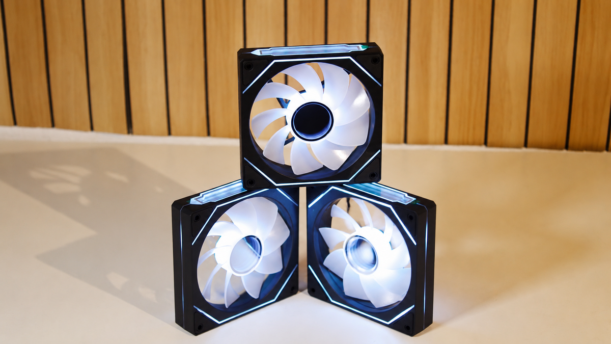 Three black infinity-style ARGB PC fans with visible white blades