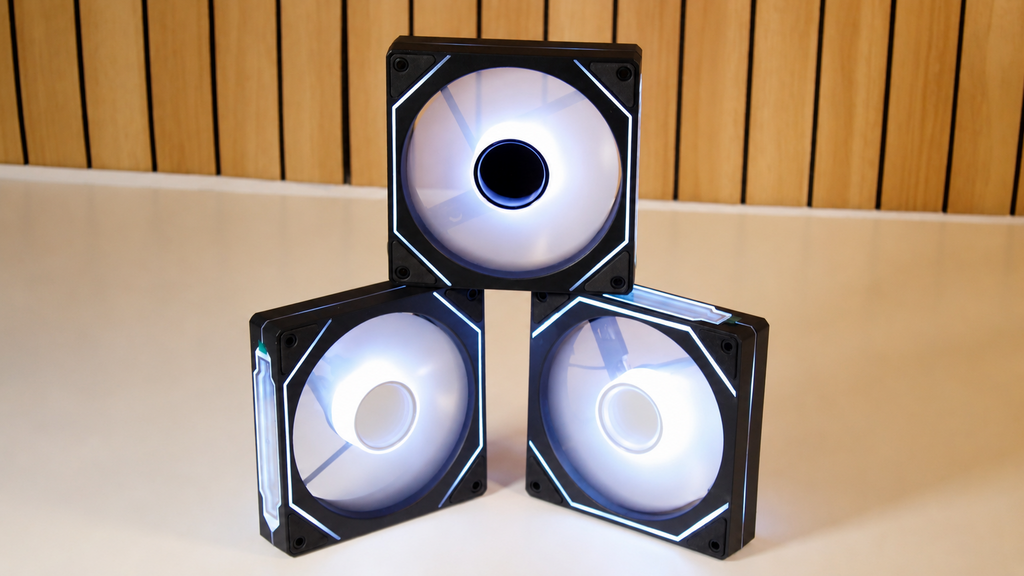 Three black infinity-style ARGB PC fans with clean white lighting